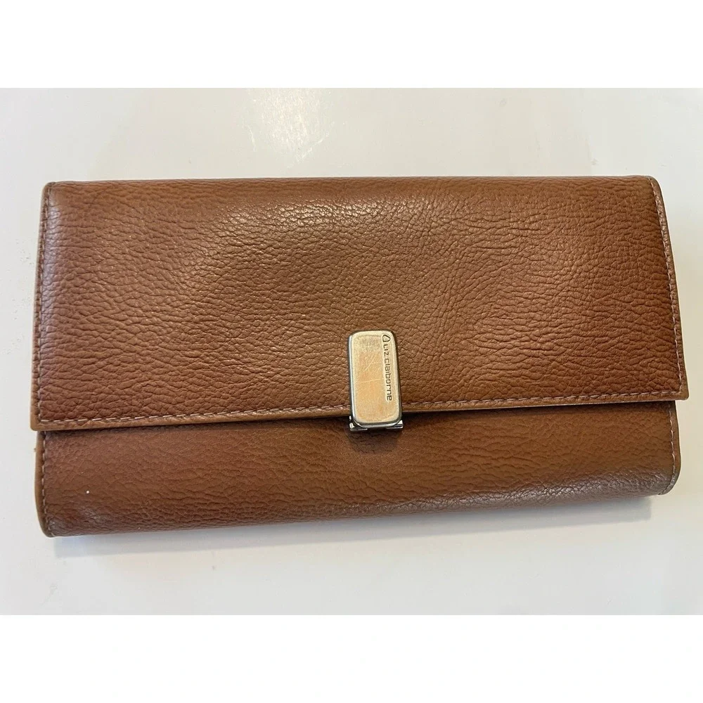 Liz Claiborne‎ Brown Clutch Wallet Snap Closure Checkbook Organizer Faux Leather